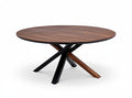 **Ronde houten eettafel met moderne X-vormige basis**