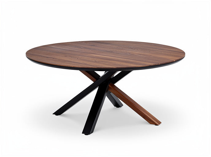 **Ronde houten eettafel met moderne X-vormige basis**