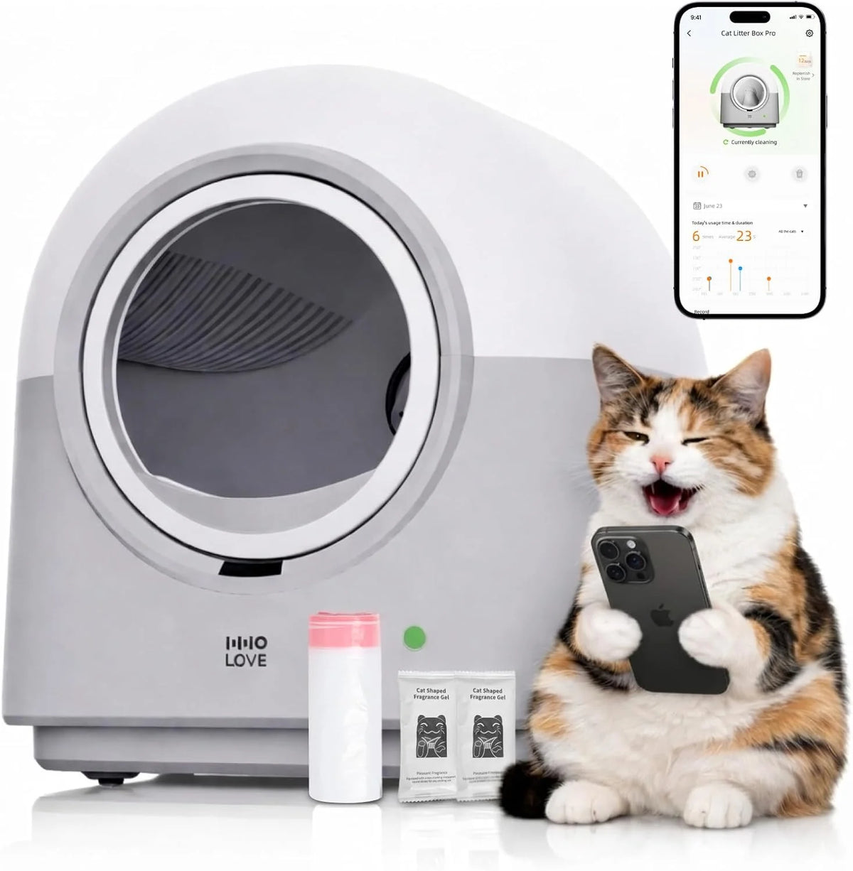 Automatische kattenbak, zelfreinigende HHOlove met veiligheidssensoren, geurbestrijding, realtime gezondheids- en gewichtsmonitor, ultrastil, 60 l, grote capaciteit voor meerdere katten, met 1