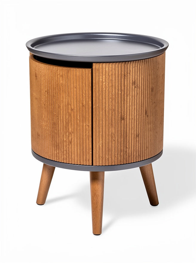 Technische titel in het Nederlands: **Ronde houtlook bijzettafel met zwarte metalen bovenkant**