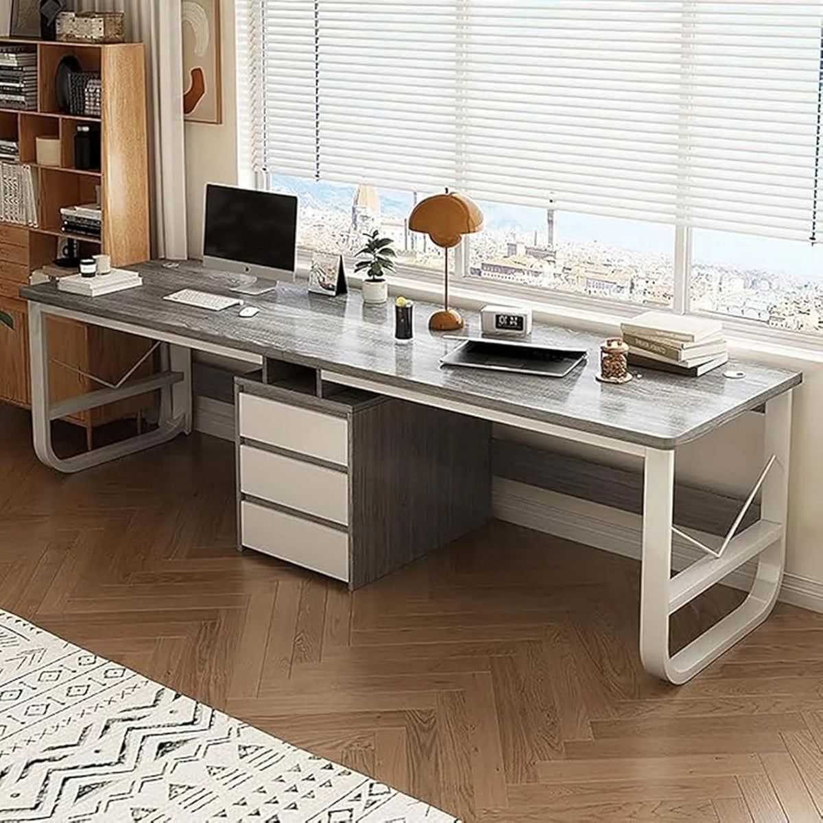 Groot dubbel computerbureau/studietafel met 3 lades, modern dubbel bureau, houten dubbele werkplek A,240CM(C/240CM)