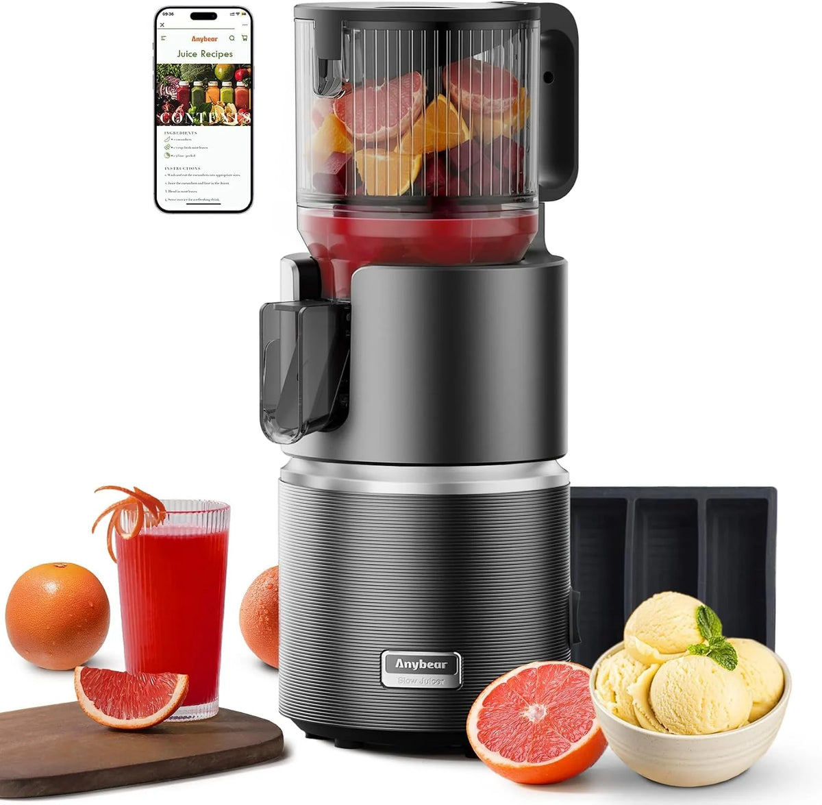 Anybear Sapcentrifuge, 350 W Slow Juicer voor sap, notenmelk en sorbet, met dubbele perstechnologie, 124 mm vulschacht voor hele vruchten en groenten, BPA-vrij tritaan (donkergrijs)