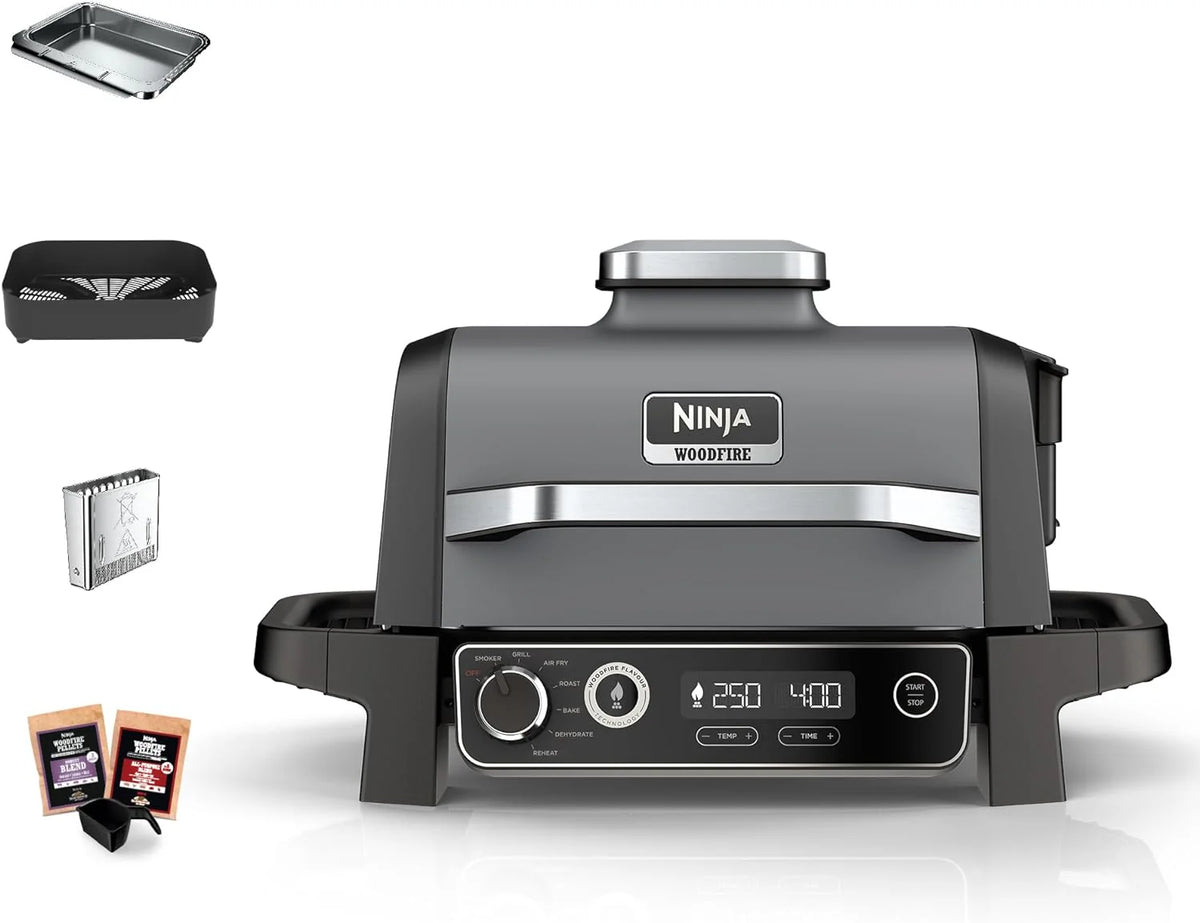Ninja Woodfire Pro Connect XL Elektrische BBQ Grill  Rookoven met Appbediening, 2 Digitale Sondes, Deksel, Voering  Schoonmaakborstel, Grote 7-in-1 Buitengrill  Airfryer, OG901EUAMZ(Woodfire)
