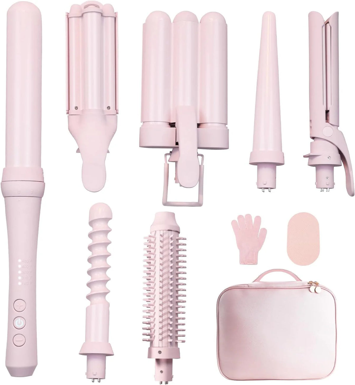 Curling Iron Set 7-in-1, multi-kruller wandset met 5 verwisselbare barrels (0,6-1,25 inch), krimper styling tools, verwarmde ronde borstel, haarstijltang en keramische coating met roze