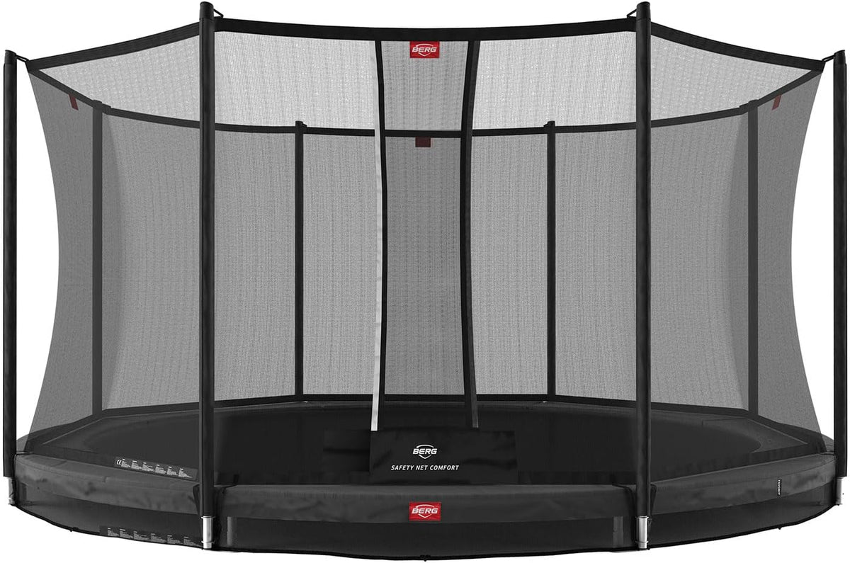 BERG Favorit InGround Outdoor Grondtrampoline rond voor kinderen, incl. veiligheidsnet Comfort, Airflow voor 50% meer veerkracht, weerbestendig en veilig(Grijs/330)