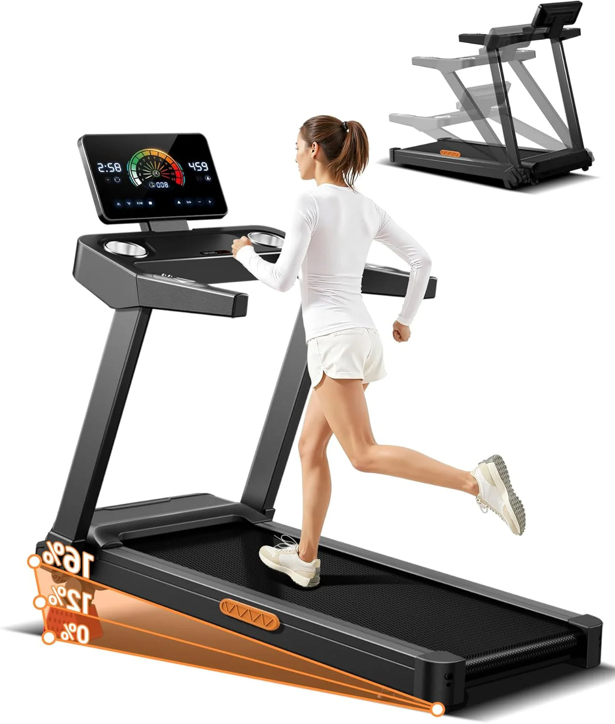 LONTEK Opvouwbare loopband voor thuis met 16% helling, loopband inklapbaar 14 km/u met hartslagmonitor, treadmill for home met 3,5 PK motor en LED-display, maximale belasting 180 kg(Zwart)